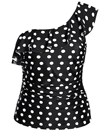 Lightweight Fabric Slimming One Shoulder Tankini Top Front Ruching For Women-Black Dot