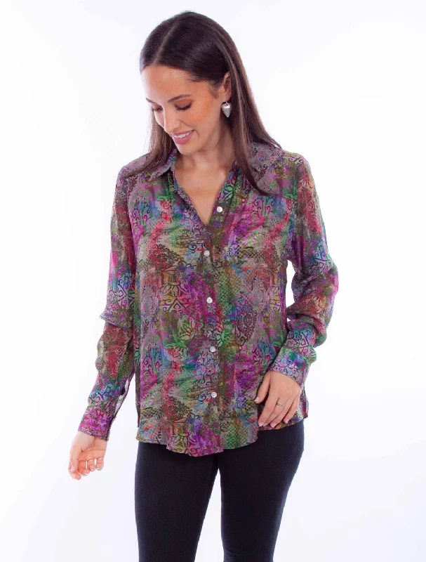 Clearance Sale Scully Womens Vivid Distressed Multi-Color Rayon L/S Blouse