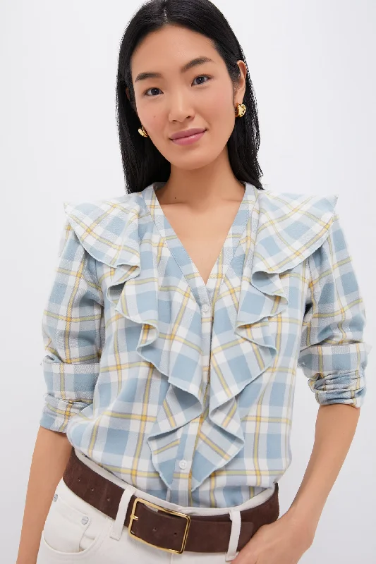 Feminine Soft - Hued Styles Blue Plaid V Neck Ruffle Eileen Button Down