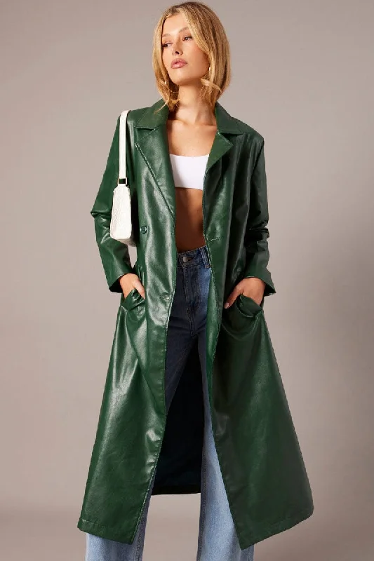 Limited Time Offer Green Trench Coat Long Sleeves Faux Leather