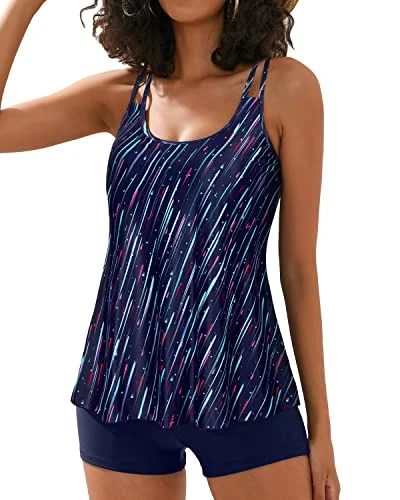 Limited Time Offer Full Coverage Swim Shorts Loose Fit 2 Piece Swimsuit Tankini-Navy Blue