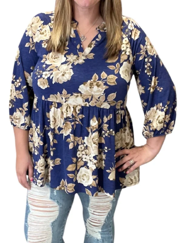 Last Chance Sale Floral Gabby Blouse In Navy/taupe