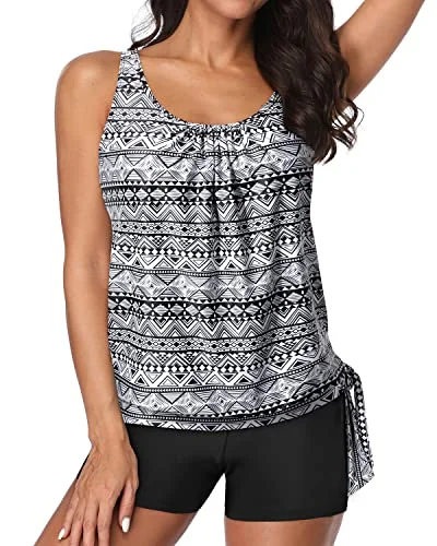 Stylish Savings Women's 2 Piece Blouson Tankini Swimsuit Shorts For Tummy Control-Black Tribal