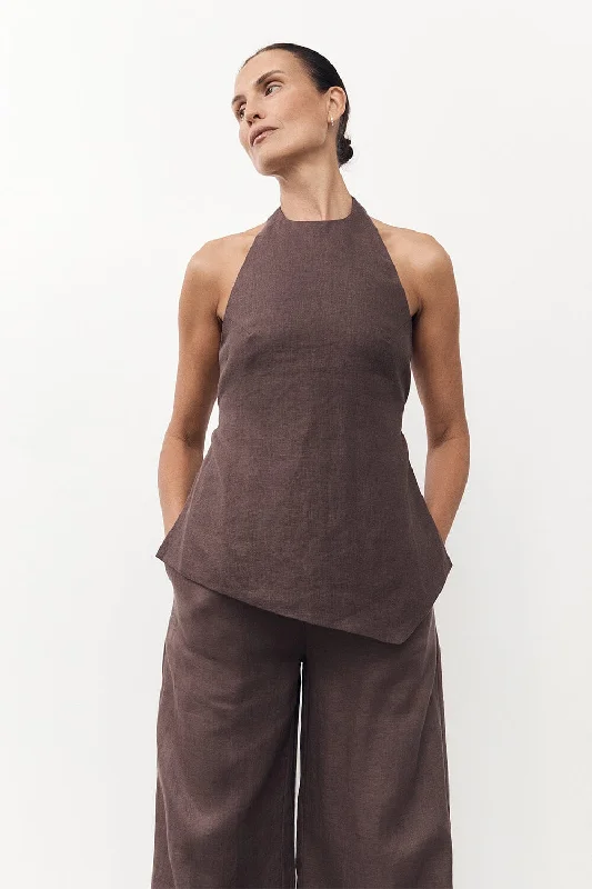 Daily Essentials SERENA CHOC LINEN ASYM HALTER TOP