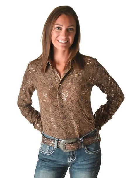 Fashion Essentials Cowgirl Tuff Womens Metallic Snakeskin Tan Polyester L/S Shirt