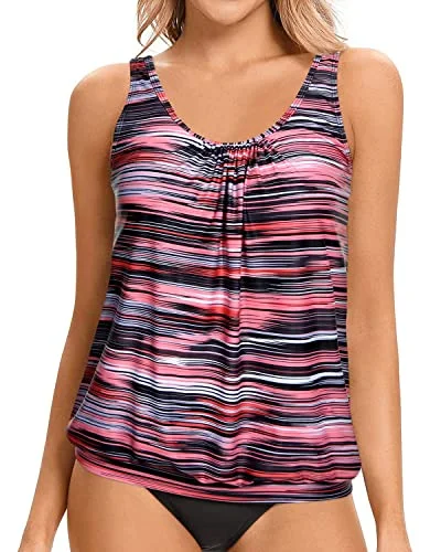 Charming Silhouette Swim Top Blouson Tankini Top No Bottom Loose Fit-Pink Stripe