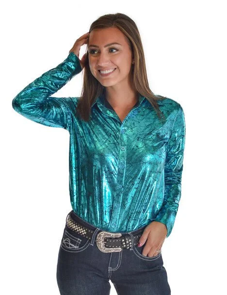 Bold Prints Casual Chic Cowgirl Tuff Womens Midweight Shiny Turquoise Polyester L/S Shirt