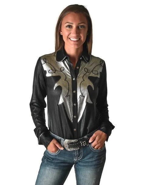 Festival Fashion Cowgirl Tuff Womens Western Metallic Black/Silver Polyester L/S Shirt