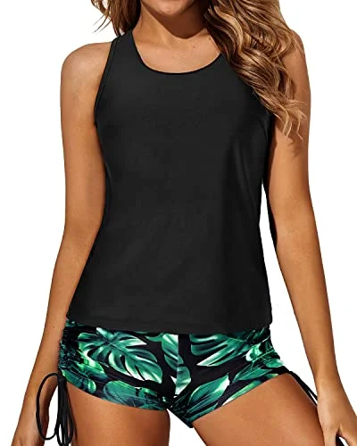 Limited - Edition Drops Women's Athletic Swimwear Tank Top Boy Shorts And Bra-Black Leaf