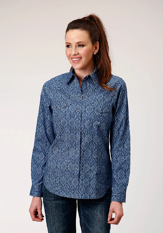 Contemporary Elegance Roper Womens Medallion Paisley Blue 100% Cotton L/S Shirt