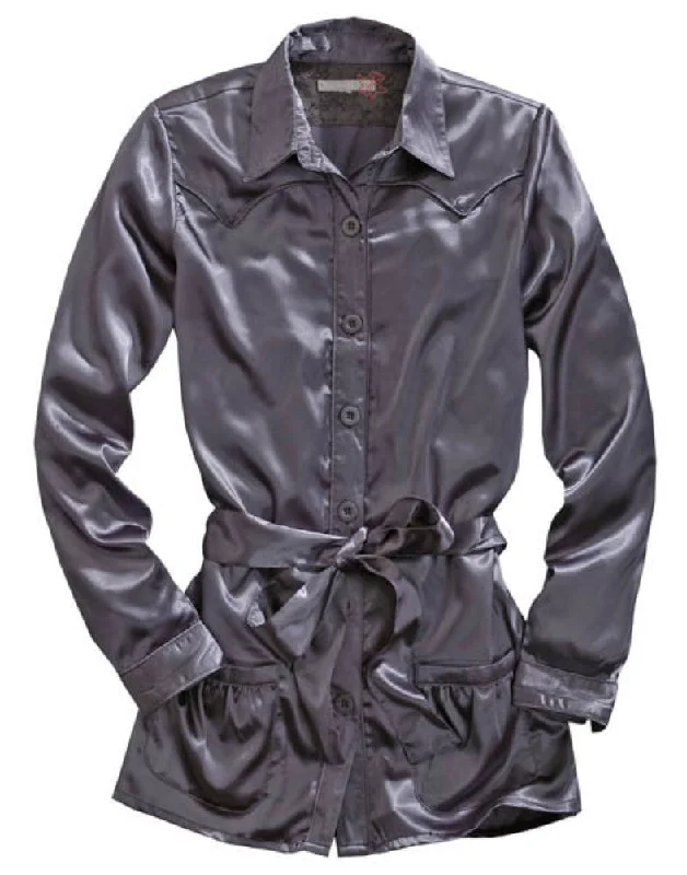 Art Deco Geometric Pattern Look Tin Haul Womens Western Satin Grey 100% Polyester L/S Shirt