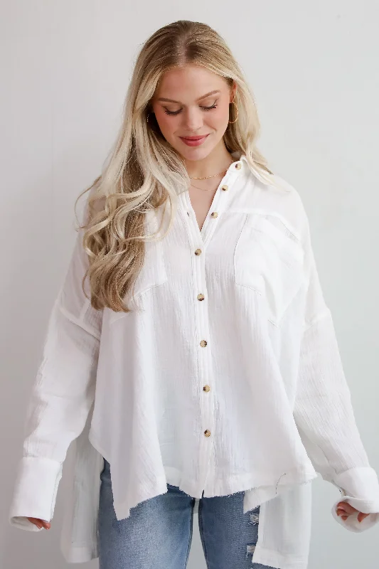 Seasonal Trends Adorable Attention White Linen Button-Up Blouse