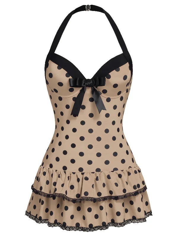 Snag Fabulous Fashion Bargains Brown 1940s Halter Polka Dots Bow Swimsuit