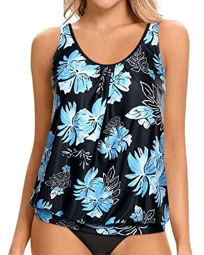 Vintage Elegance Tankini Tops For Women Blouson Style Modest And Athletic-Black Blue Floral