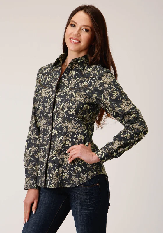 Chic Urban Fashion Look Roper Womens Vintage Dark Floral Black Cotton Blend L/S Shirt