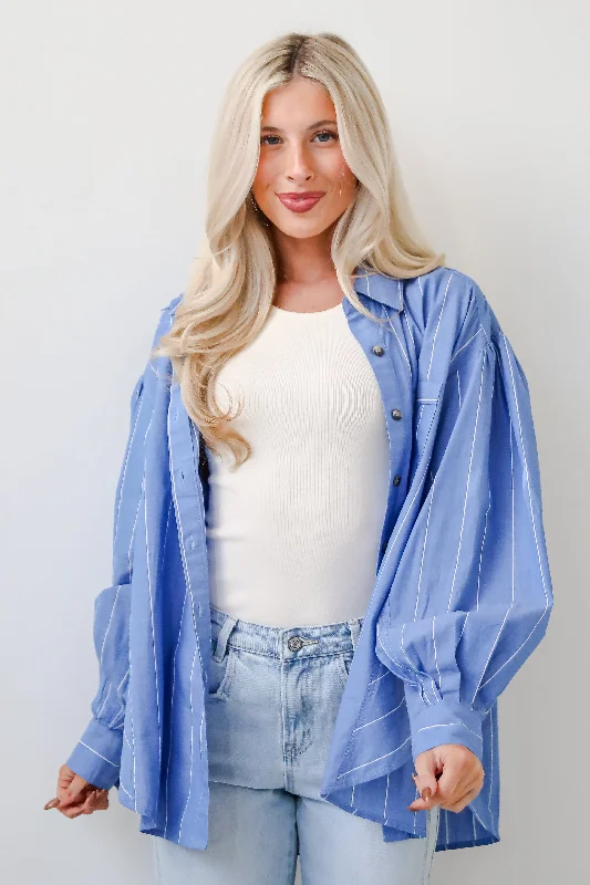 Unbeatable Prices Polished Attitude Blue Pinstripe Button-Up Blouse