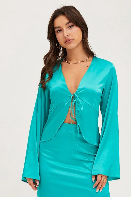 Chic Wardrobe Green Satin Jacket Long Sleeve