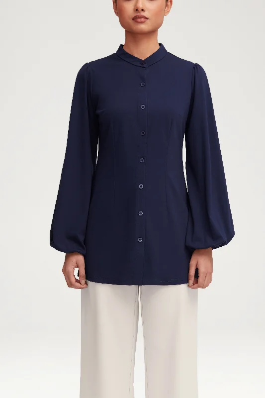 Signature Style Essentials Rayana Jersey Button Down Top - Navy Blue