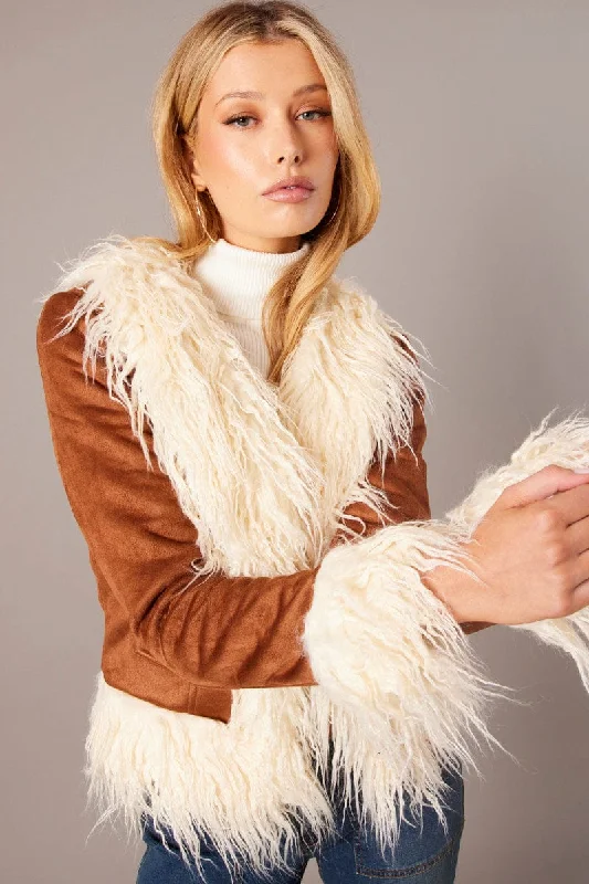 Fashion Deal Brown Faux Fur Jacket Long Sleeves