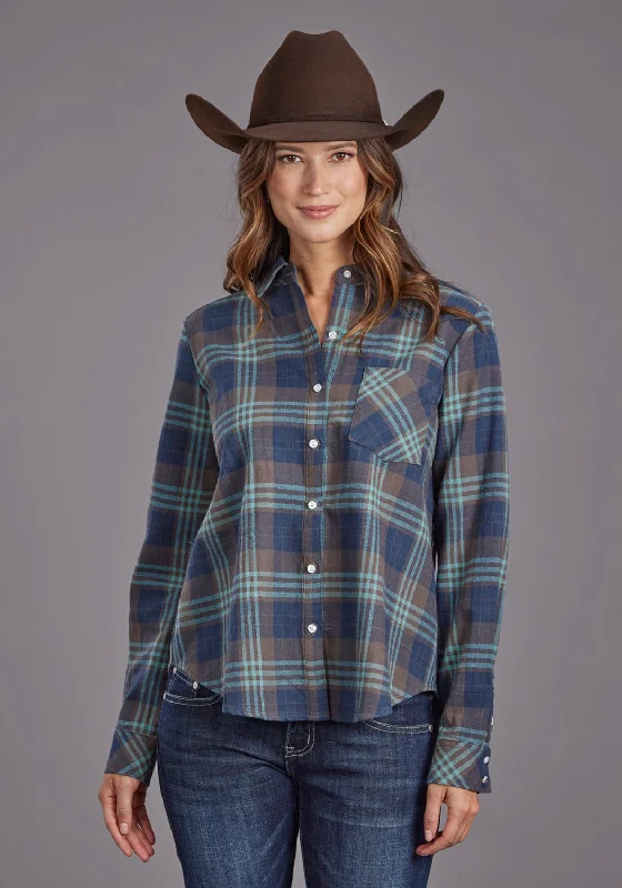 Effortless Sophistication Stetson Womens Flannel Plaid Navy 100% Cotton L/S Shirt