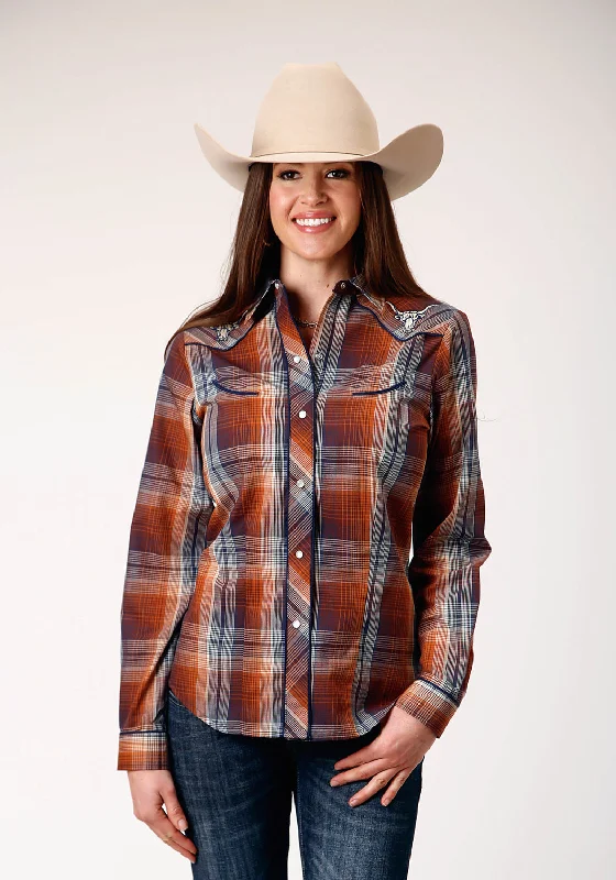 Refined Simplicity Roper Womens Cream Plaid Brown Cotton Blend L/S Shirt