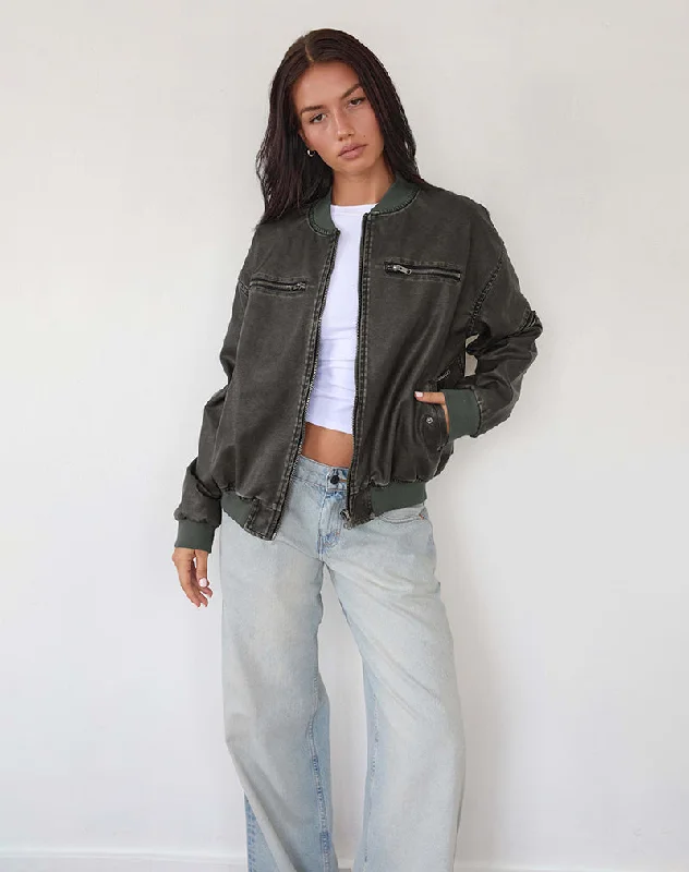 Bold Fashion Marco Distressed Bomber Jacket in PU Charcoal