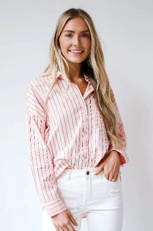 Evening Elegance FINAL SALE - Modern Moment Pink Striped Oversized Button-Up Blouse