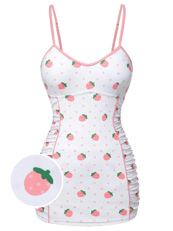 Season Sale White & Pink 1950s Strawberry Pleated Swimsuit