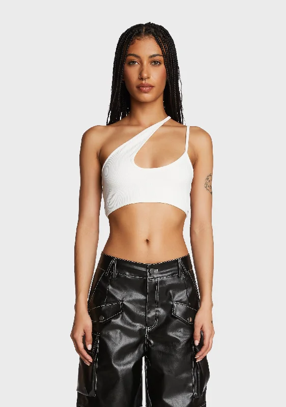 Coastal Beach - Inspired Style Asymmetrical Ribbed Cut Out Crop Top - White