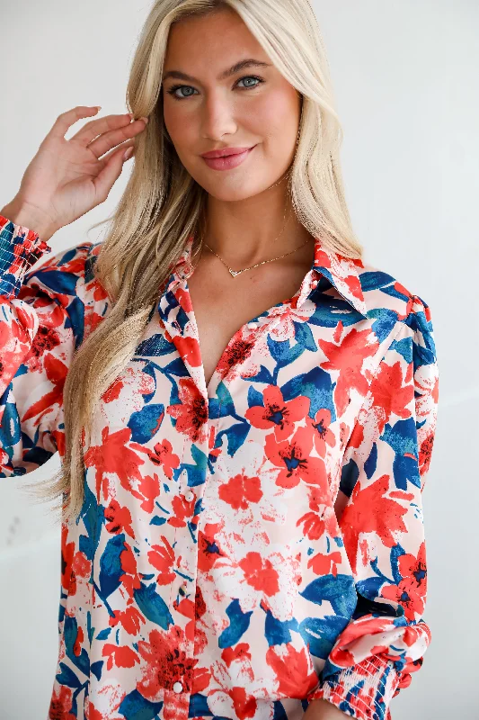 The Good Stuff FINAL SALE - Dreamy Personality Coral Satin Floral Button-Up Blouse