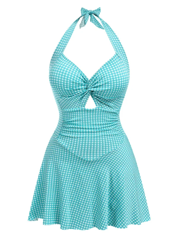 Attire Sale Blue Green 1930s Plaid Halter One-Piece Swimsuit