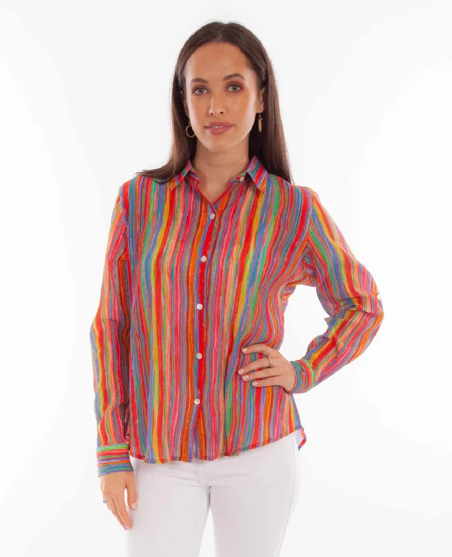 Seasonal Sale Scully Womens Rainbow Stripe Multi-Color Rayon L/S Blouse