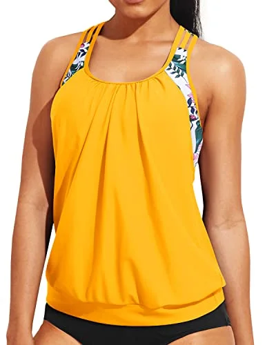 Clearance Sale Ladies Tummy Control Long Swim Tank Top Modest Tankini Swimsuit-Yellow Floral