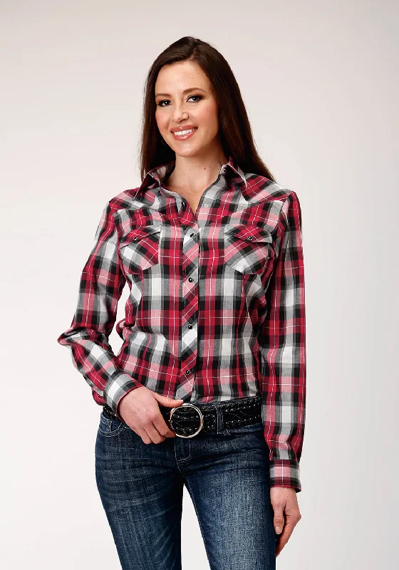 Feminine Elegance Roper Womens Grey Plaid Red Cotton Blend L/S Shirt