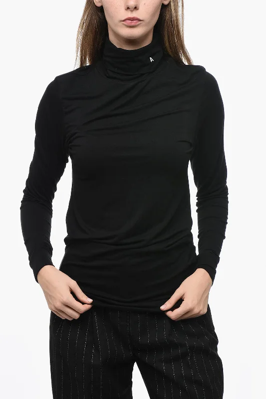 Effortless Chic Apparel Ambush Jersey Turtleneck Top with Embroidered Detail