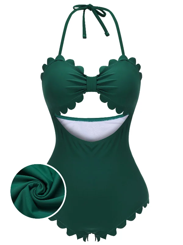 Lightweight Fabric Dark Green 1940s Solid Halter One-piece Swimsuit