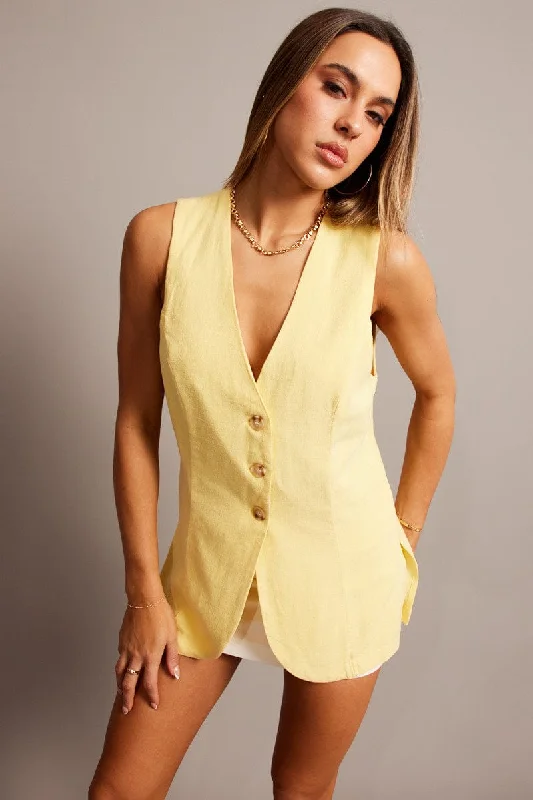 Athleisure Wear Yellow Linen Vest Longline V Neck