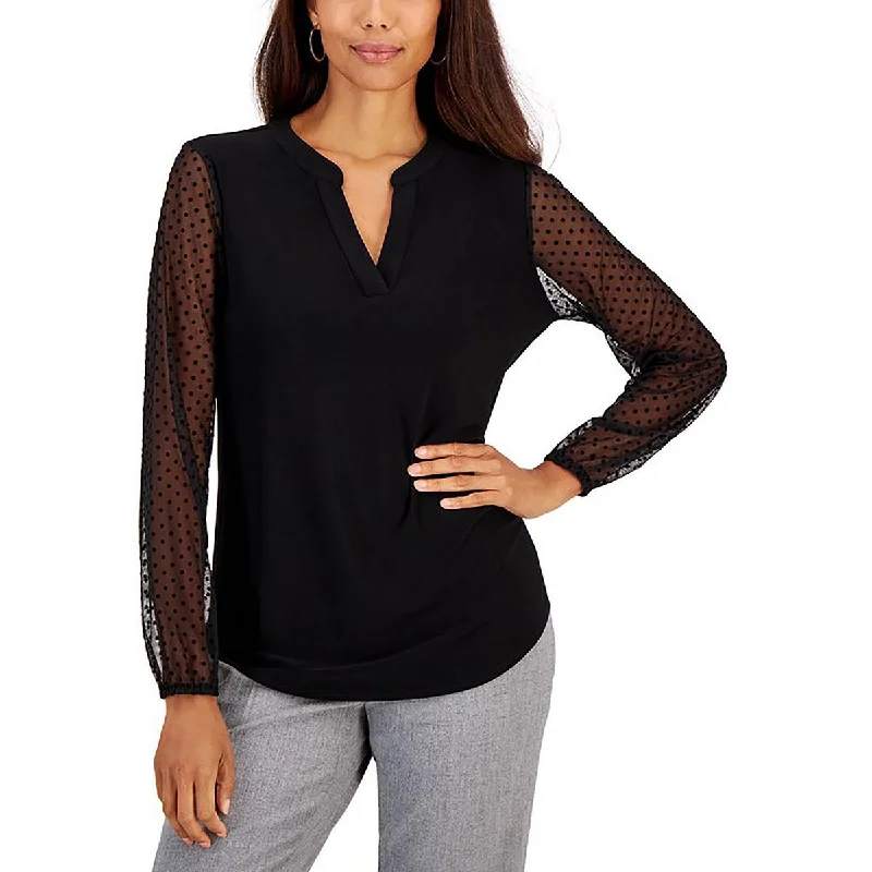 Edgy Fashion Petites Womens Flocked Mesh Sleeve Blouse