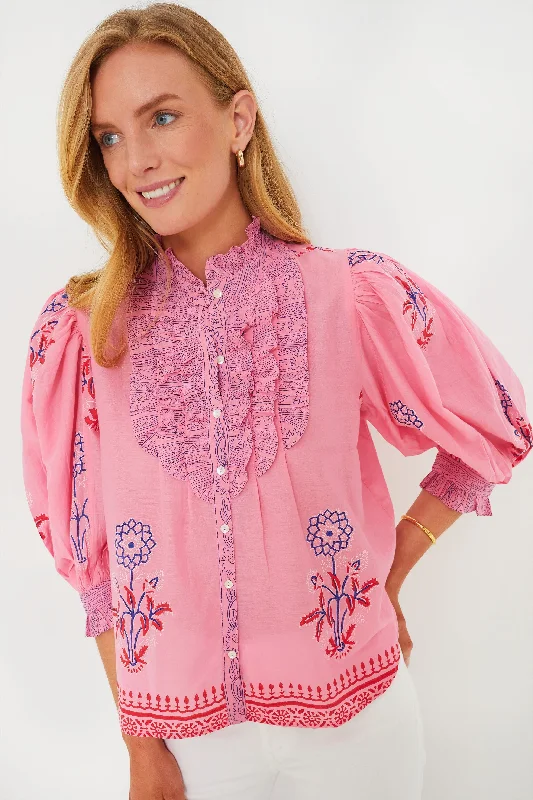 Today Only Boca Pink Ruffle Front Button Blouse