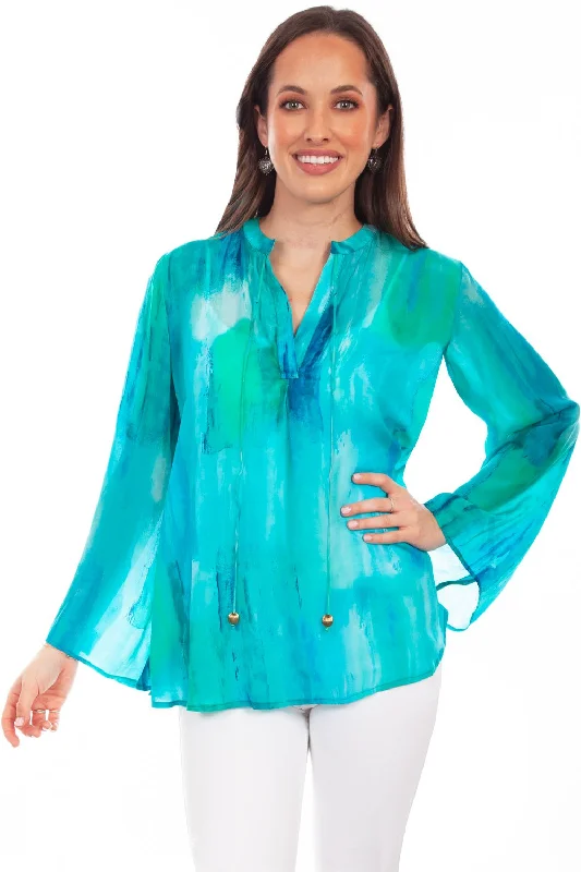 Timeless Classics Scully Womens Artful Tie-Dye Aqua Rayon L/S Blouse