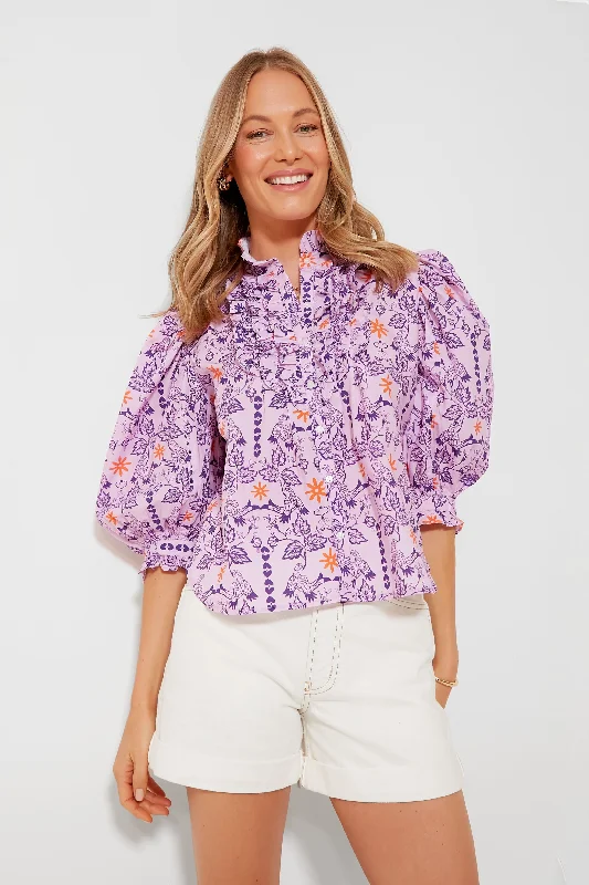 Weekend Special Lovebird Lilac Ruffle Front Button Blouse