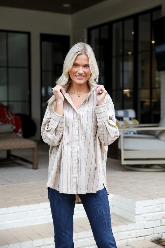 Elevate Your Wardrobe Convincingly Chic Taupe Striped Button-Up Blouse