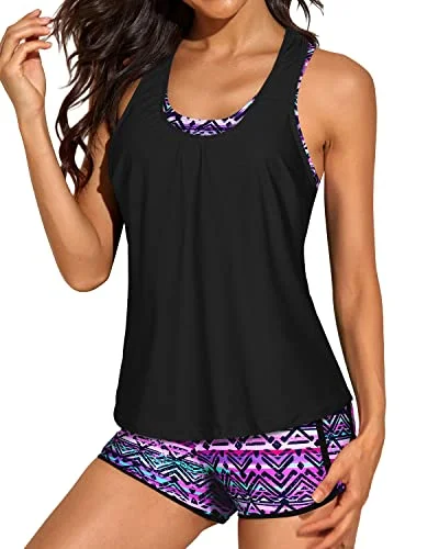 Latest Trends Women's 3-Piece Athletic Tankini Loose Tank Top And Padded Sports Bra-Black And Tribal Purple