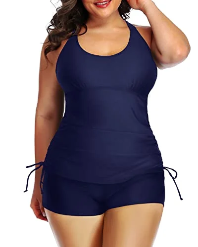 Boutique Styles Athletic 2 Piece Swimwear Tummy Control Two Piece Ruched Swimsuit-Navy Blue