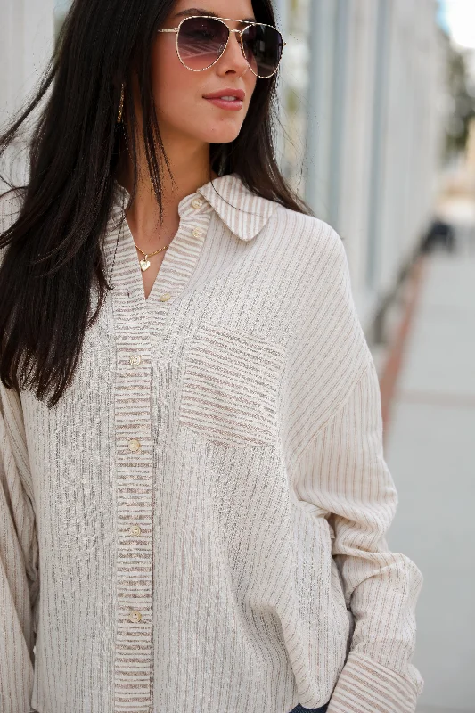 Trend Alert Adored Pose Taupe Striped Button-Up Blouse