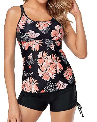 Casual Fashion Athletic Women's Tankini Swimsuits High Waisted Boy Shorts-Black Orange Floral