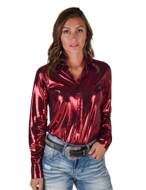 Boho Chic Fashion Cowgirl Tuff Womens Shiny Metallic Red Polyester L/S Shirt