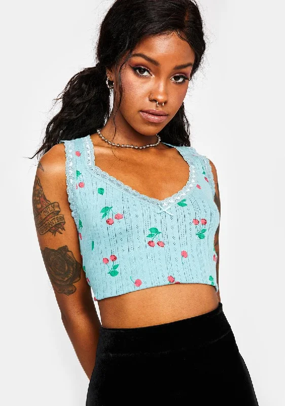 Chic Styles Teal Crop Pointelle Cotton Tank