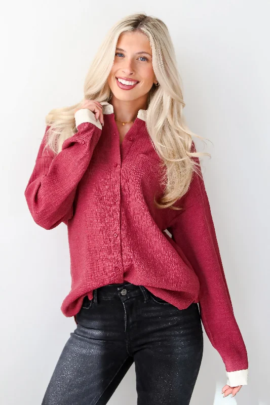 Chic Outfits Instant Stunner Burgundy Textured Button-Up Blouse