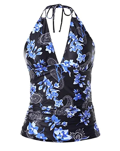 Fashion Essentials Women's Tummy Control Halter Tankini Tops V Neck Swim Tops Bathing Suits